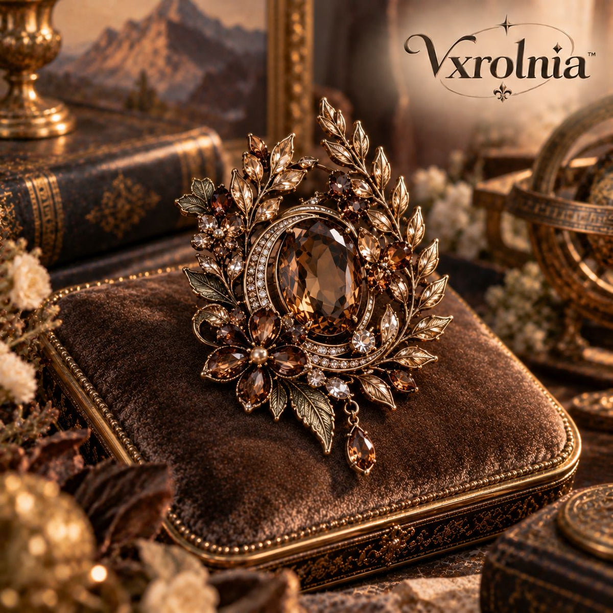 Vxrolnia™ Smoky Quartz Crest Capricorn-Inspired Vintage Brooch — Brown Crystal Laurel Pin, Antique Bronze Heritage Accessory