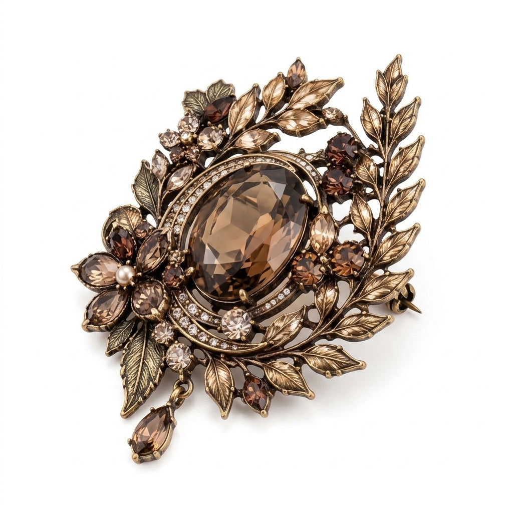 Vxrolnia™ Smoky Quartz Crest Capricorn-Inspired Vintage Brooch — Brown Crystal Laurel Pin, Antique Bronze Heritage Accessory