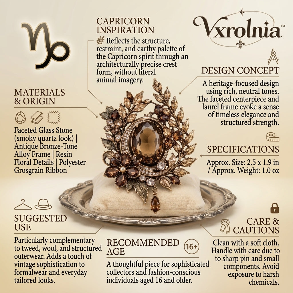 Vxrolnia™ Smoky Quartz Crest Capricorn-Inspired Vintage Brooch — Brown Crystal Laurel Pin, Antique Bronze Heritage Accessory
