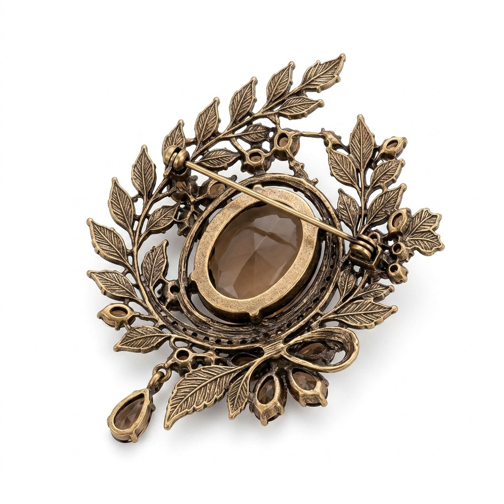 Vxrolnia™ Smoky Quartz Crest Capricorn-Inspired Vintage Brooch — Brown Crystal Laurel Pin, Antique Bronze Heritage Accessory