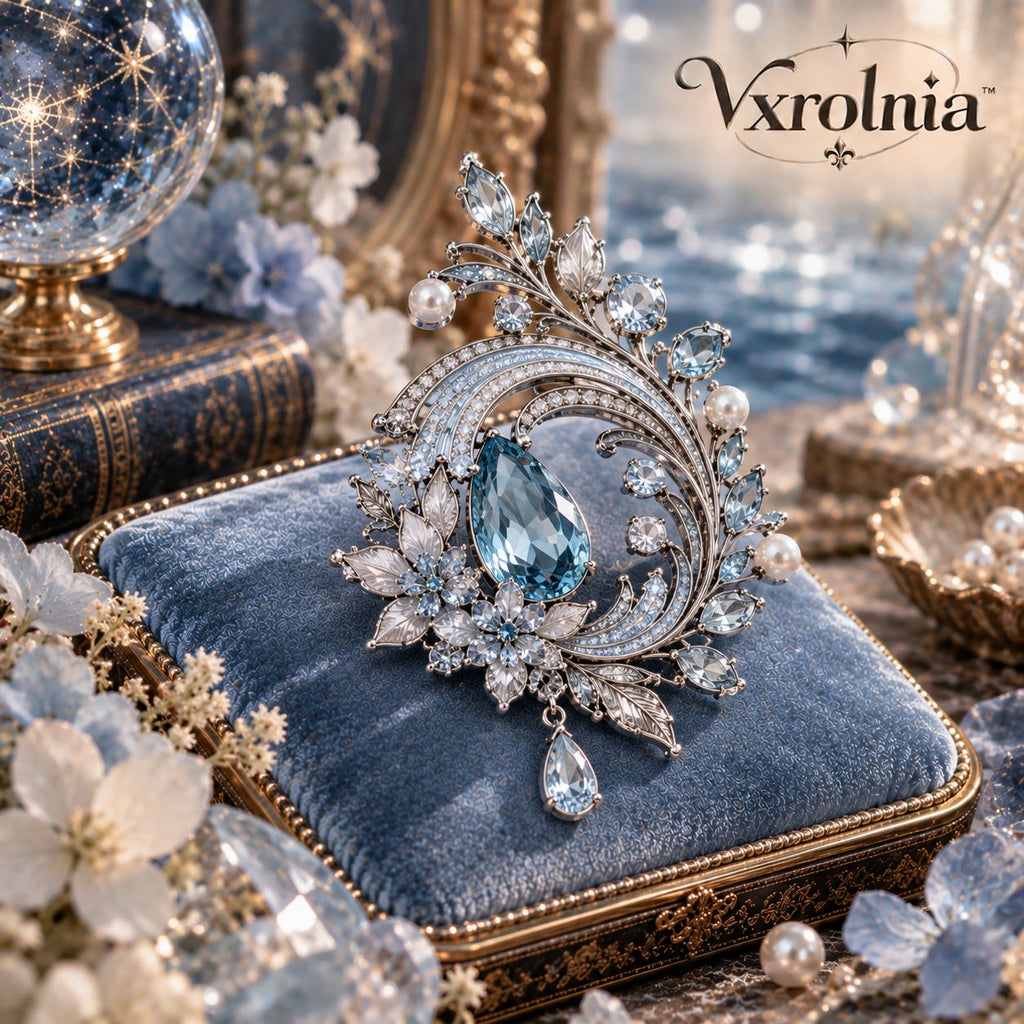 Vxrolnia™ Aquamarine Drift Aquarius-Inspired Vintage Brooch — Ice Blue Crystal Wave Pin, Silver-Tone Floral Celestial Accessory