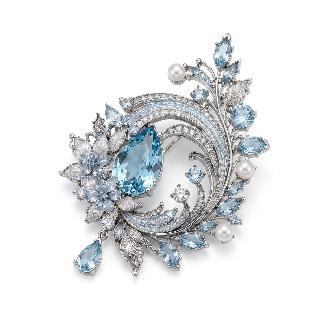 Vxrolnia™ Aquamarine Drift Aquarius-Inspired Vintage Brooch — Ice Blue Crystal Wave Pin, Silver-Tone Floral Celestial Accessory