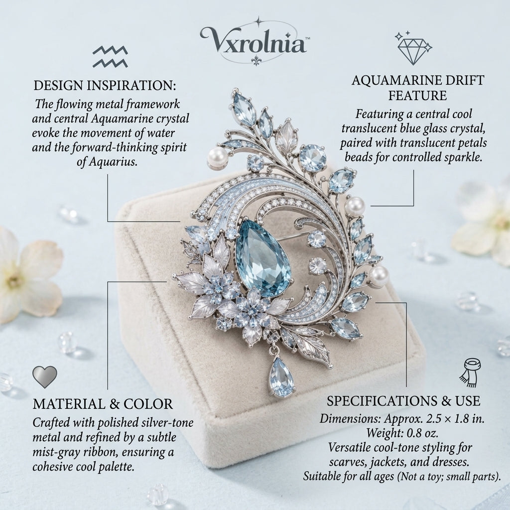 Vxrolnia™ Aquamarine Drift Aquarius-Inspired Vintage Brooch — Ice Blue Crystal Wave Pin, Silver-Tone Floral Celestial Accessory