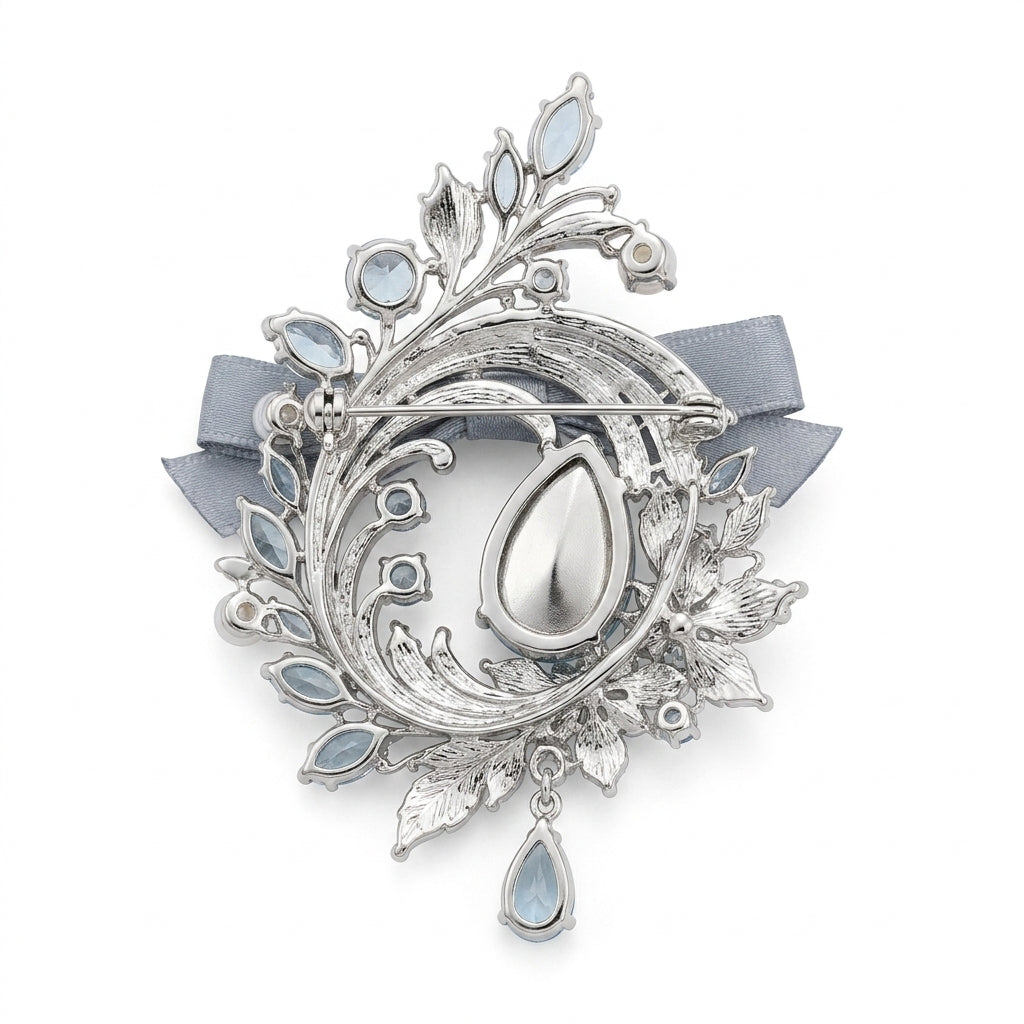 Vxrolnia™ Aquamarine Drift Aquarius-Inspired Vintage Brooch — Ice Blue Crystal Wave Pin, Silver-Tone Floral Celestial Accessory