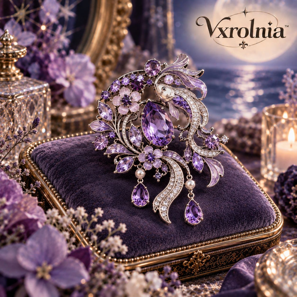 Vxrolnia™ Amethyst Reverie Pisces-Inspired Vintage Brooch — Purple Crystal Floral Drop Pin, Antique Silver Ribbon Fashion Accessory