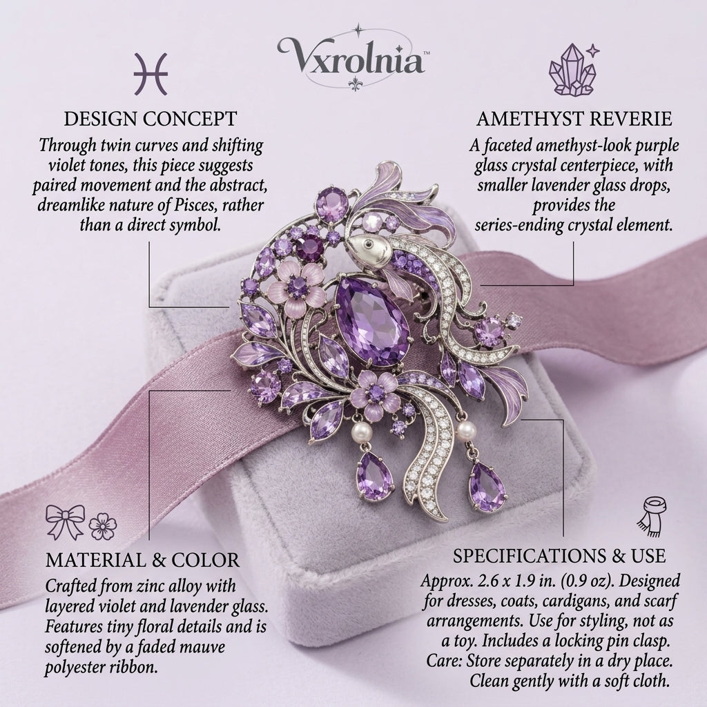 Vxrolnia™ Amethyst Reverie Pisces-Inspired Vintage Brooch — Purple Crystal Floral Drop Pin, Antique Silver Ribbon Fashion Accessory