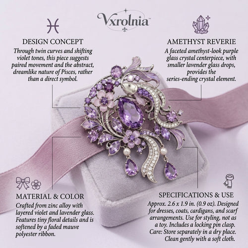 Vxrolnia™ Amethyst Reverie Pisces-Inspired Vintage Brooch — Purple Crystal Floral Drop Pin, Antique Silver Ribbon Fashion Accessory