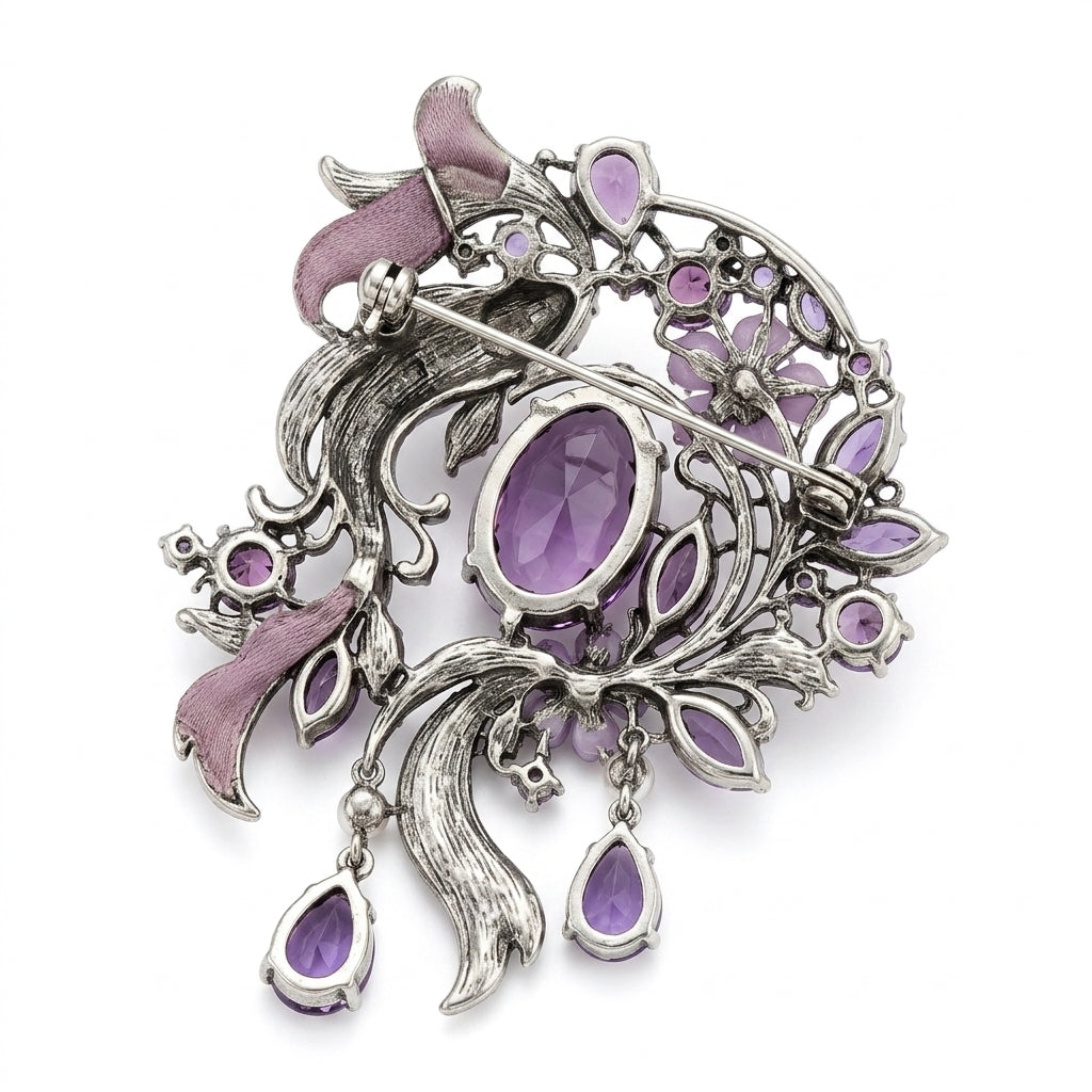 Vxrolnia™ Amethyst Reverie Pisces-Inspired Vintage Brooch — Purple Crystal Floral Drop Pin, Antique Silver Ribbon Fashion Accessory