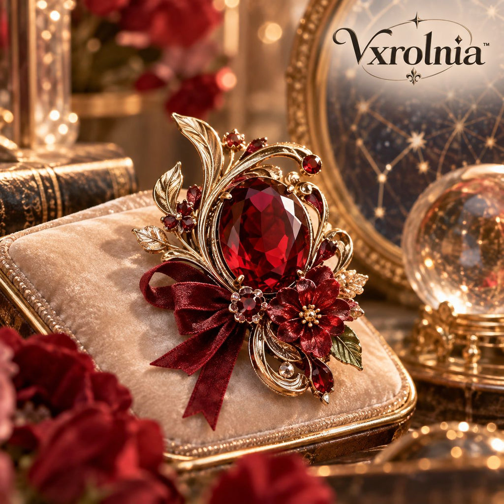 Vxrolnia™ Ember Garnet Aries-Inspired Vintage Brooch — Red Crystal Floral Statement Pin, Antique Gold-Tone Celestial Fashion Accessory