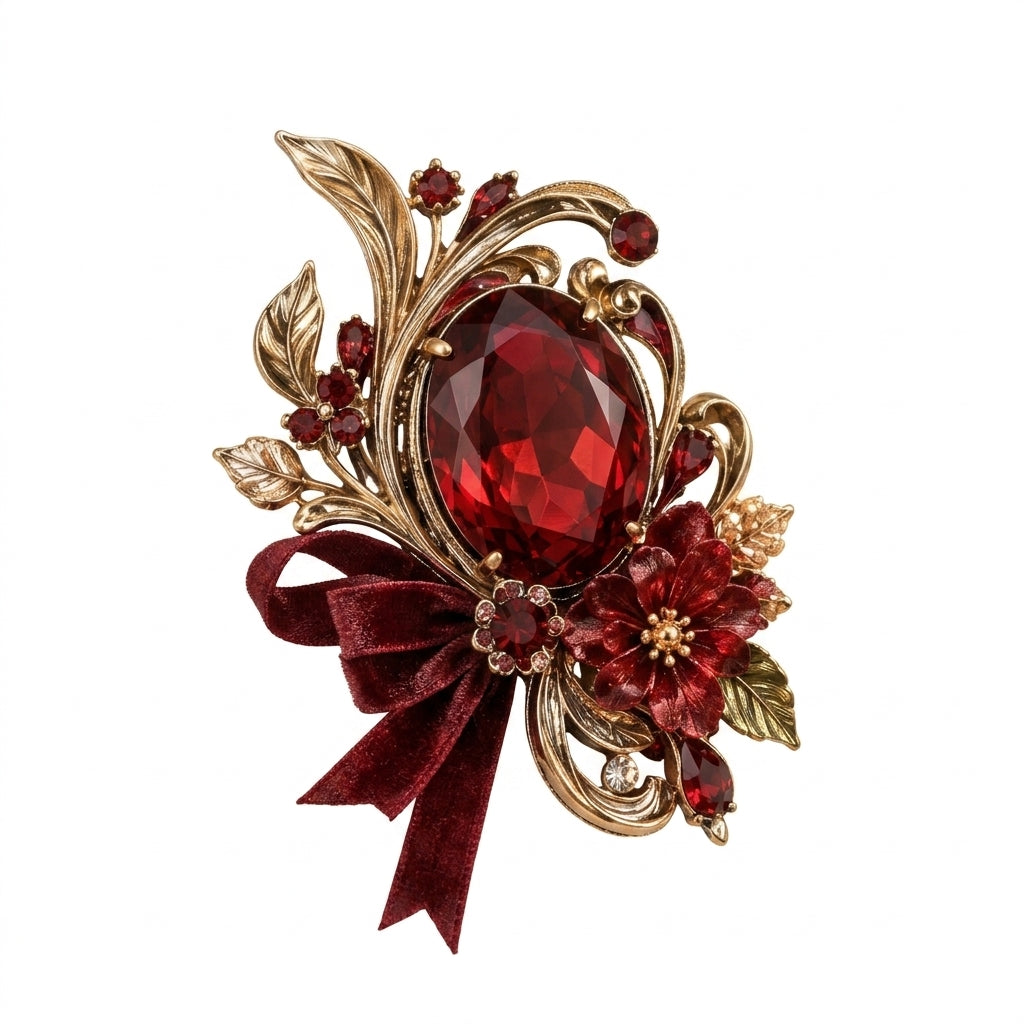 Vxrolnia™ Ember Garnet Aries-Inspired Vintage Brooch — Red Crystal Floral Statement Pin, Antique Gold-Tone Celestial Fashion Accessory
