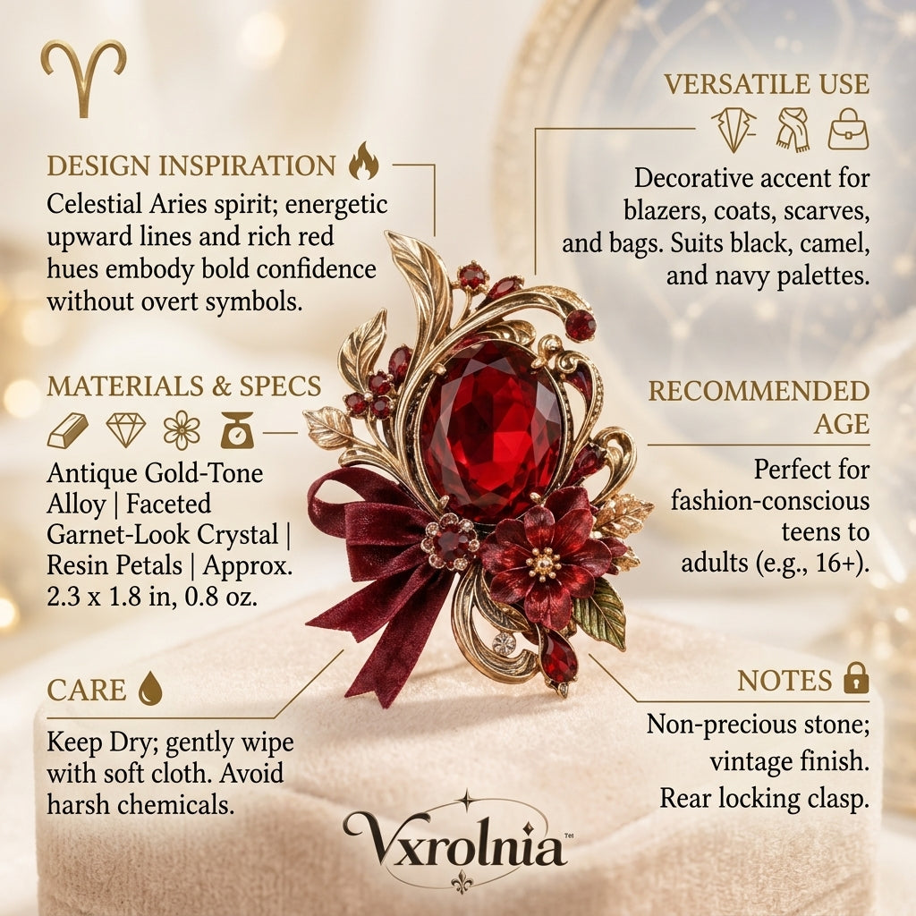Vxrolnia™ Ember Garnet Aries-Inspired Vintage Brooch — Red Crystal Floral Statement Pin, Antique Gold-Tone Celestial Fashion Accessory