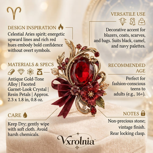 Vxrolnia™ Ember Garnet Aries-Inspired Vintage Brooch — Red Crystal Floral Statement Pin, Antique Gold-Tone Celestial Fashion Accessory