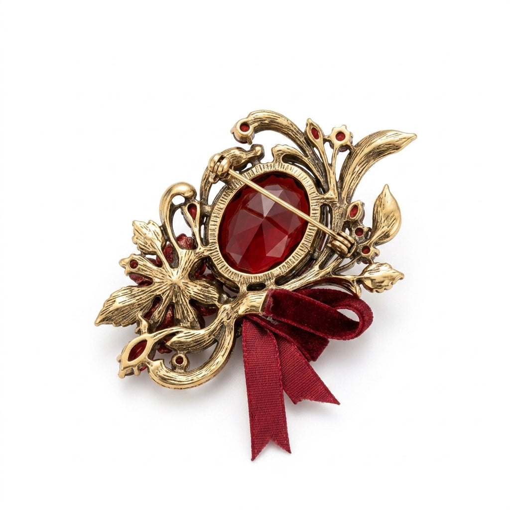 Vxrolnia™ Ember Garnet Aries-Inspired Vintage Brooch — Red Crystal Floral Statement Pin, Antique Gold-Tone Celestial Fashion Accessory