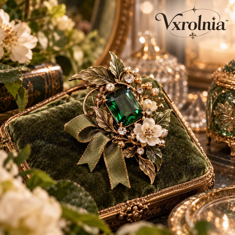 Vxrolnia™ Moss Emerald Taurus-Inspired Vintage Brooch — Green Crystal Botanical Pin, Antique Brass Floral Lapel & Scarf Accessory