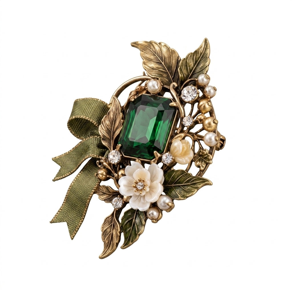 Vxrolnia™ Moss Emerald Taurus-Inspired Vintage Brooch — Green Crystal Botanical Pin, Antique Brass Floral Lapel & Scarf Accessory