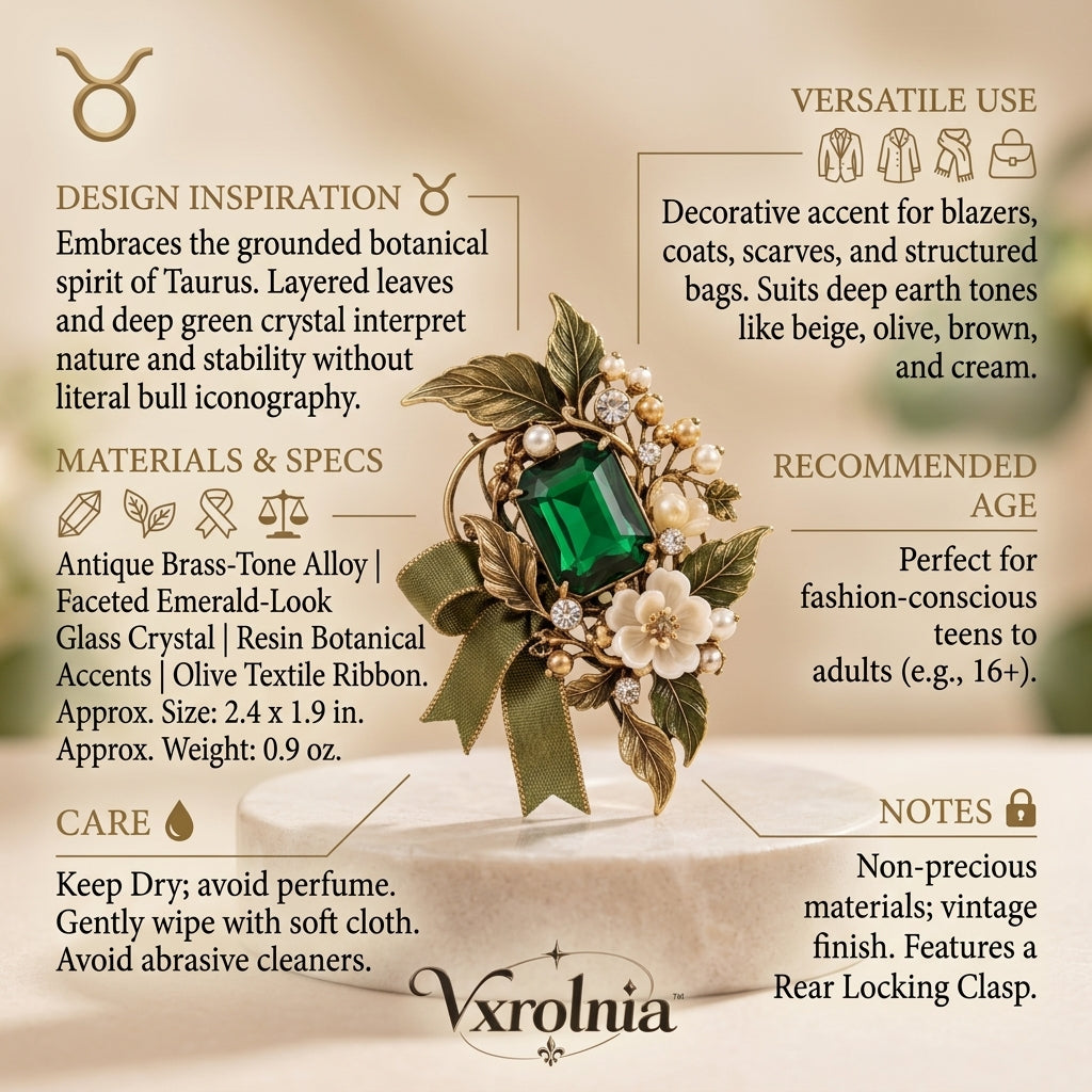 Vxrolnia™ Moss Emerald Taurus-Inspired Vintage Brooch — Green Crystal Botanical Pin, Antique Brass Floral Lapel & Scarf Accessory