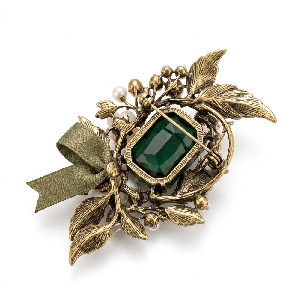 Vxrolnia™ Moss Emerald Taurus-Inspired Vintage Brooch — Green Crystal Botanical Pin, Antique Brass Floral Lapel & Scarf Accessory