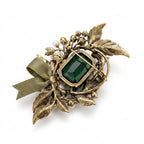 Vxrolnia™ Moss Emerald Taurus-Inspired Vintage Brooch — Green Crystal Botanical Pin, Antique Brass Floral Lapel & Scarf Accessory