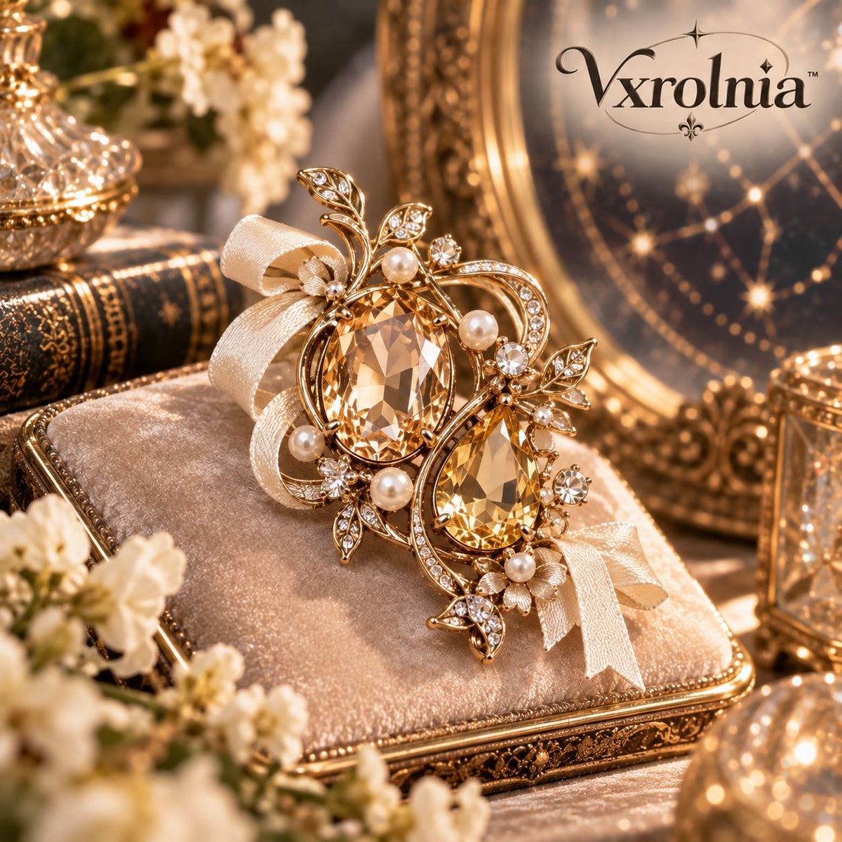 Vxrolnia™ Twin Citrine Gemini-Inspired Vintage Brooch — Champagne Crystal Double-Drop Pin, Pearl-Look Ribbon Fashion Accessory