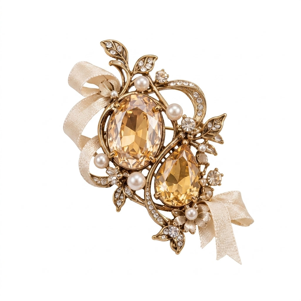 Vxrolnia™ Twin Citrine Gemini-Inspired Vintage Brooch — Champagne Crystal Double-Drop Pin, Pearl-Look Ribbon Fashion Accessory