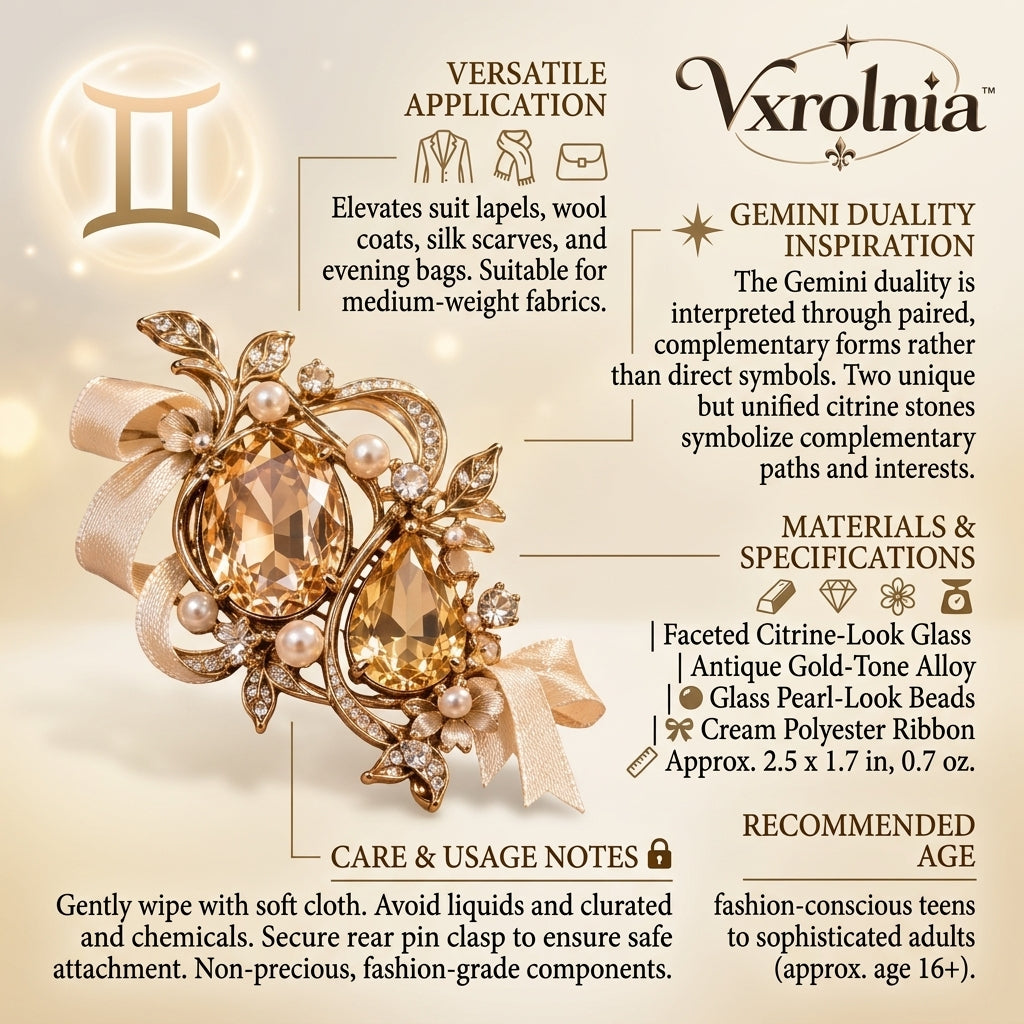 Vxrolnia™ Twin Citrine Gemini-Inspired Vintage Brooch — Champagne Crystal Double-Drop Pin, Pearl-Look Ribbon Fashion Accessory