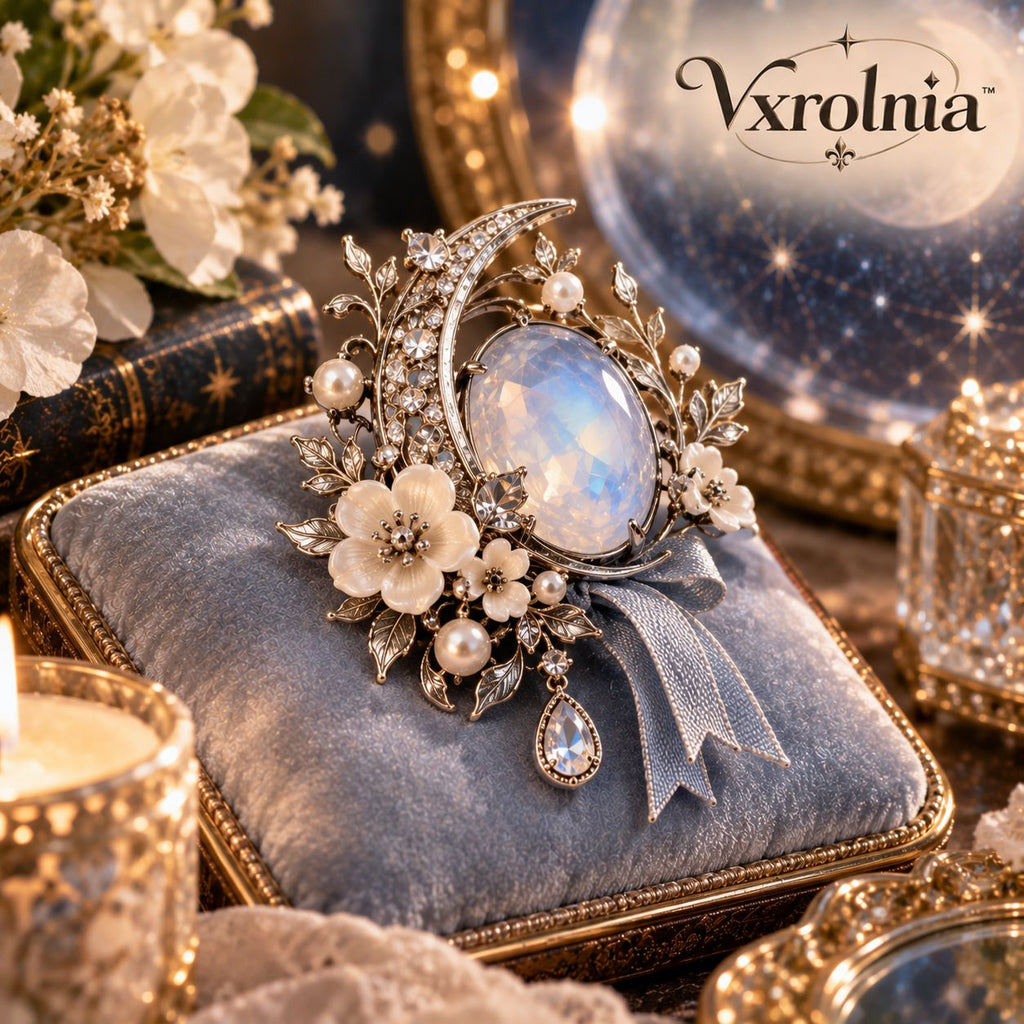 Vxrolnia™ Moonstone Mist Cancer-Inspired Vintage Brooch — Opalescent Glass Crystal, Ivory Flower & Silver-Tone Crescent Fashion Pin