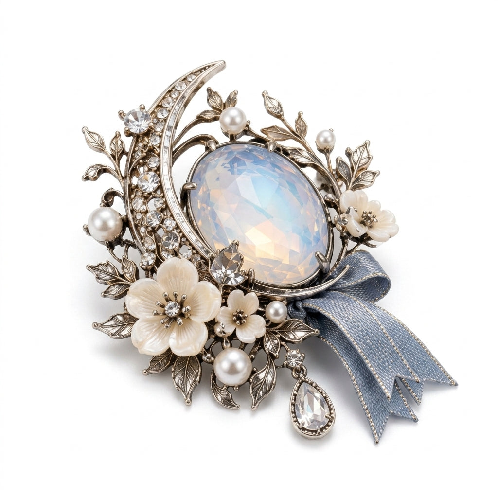 Vxrolnia™ Moonstone Mist Cancer-Inspired Vintage Brooch — Opalescent Glass Crystal, Ivory Flower & Silver-Tone Crescent Fashion Pin