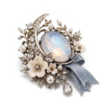 Vxrolnia™ Moonstone Mist Cancer-Inspired Vintage Brooch — Opalescent Glass Crystal, Ivory Flower & Silver-Tone Crescent Fashion Pin