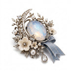 Vxrolnia™ Moonstone Mist Cancer-Inspired Vintage Brooch — Opalescent Glass Crystal, Ivory Flower & Silver-Tone Crescent Fashion Pin