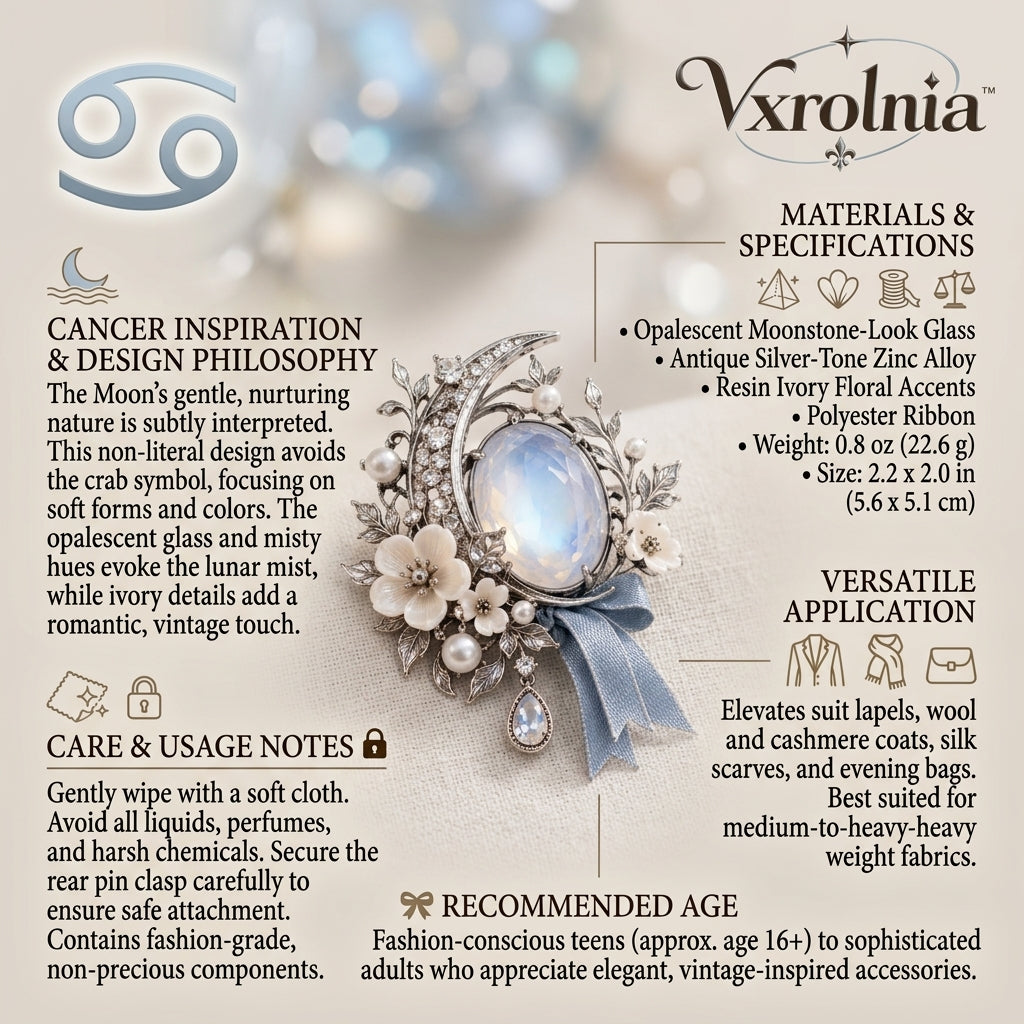 Vxrolnia™ Moonstone Mist Cancer-Inspired Vintage Brooch — Opalescent Glass Crystal, Ivory Flower & Silver-Tone Crescent Fashion Pin