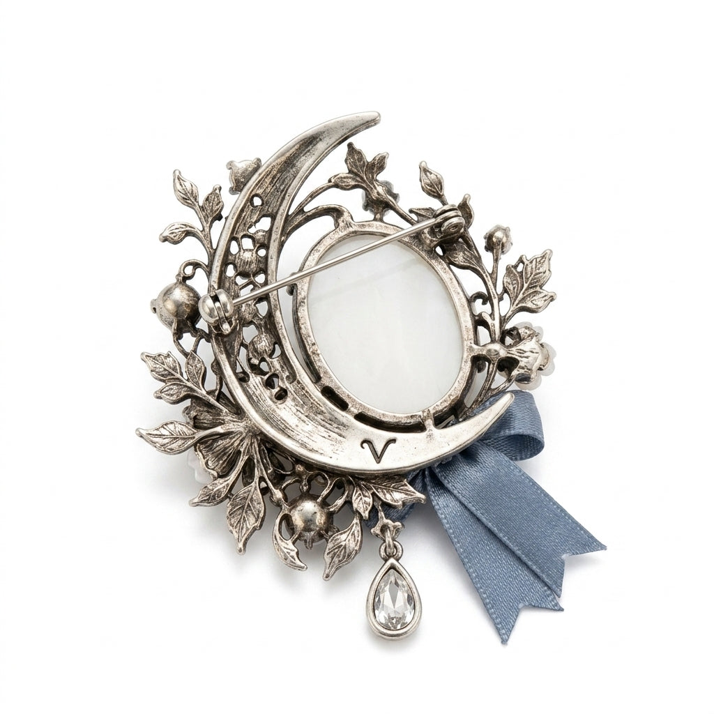 Vxrolnia™ Moonstone Mist Cancer-Inspired Vintage Brooch — Opalescent Glass Crystal, Ivory Flower & Silver-Tone Crescent Fashion Pin