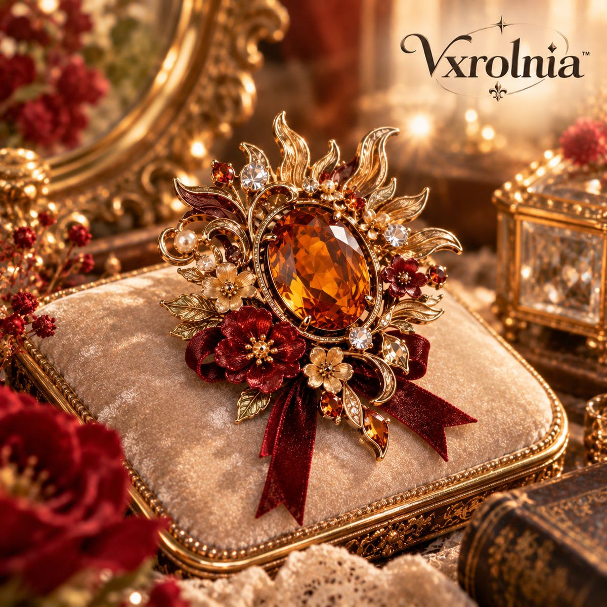 Vxrolnia™ Golden Sunstone Leo-Inspired Vintage Brooch — Amber Crystal Statement Pin, Burnished Gold Floral Lapel Accessory