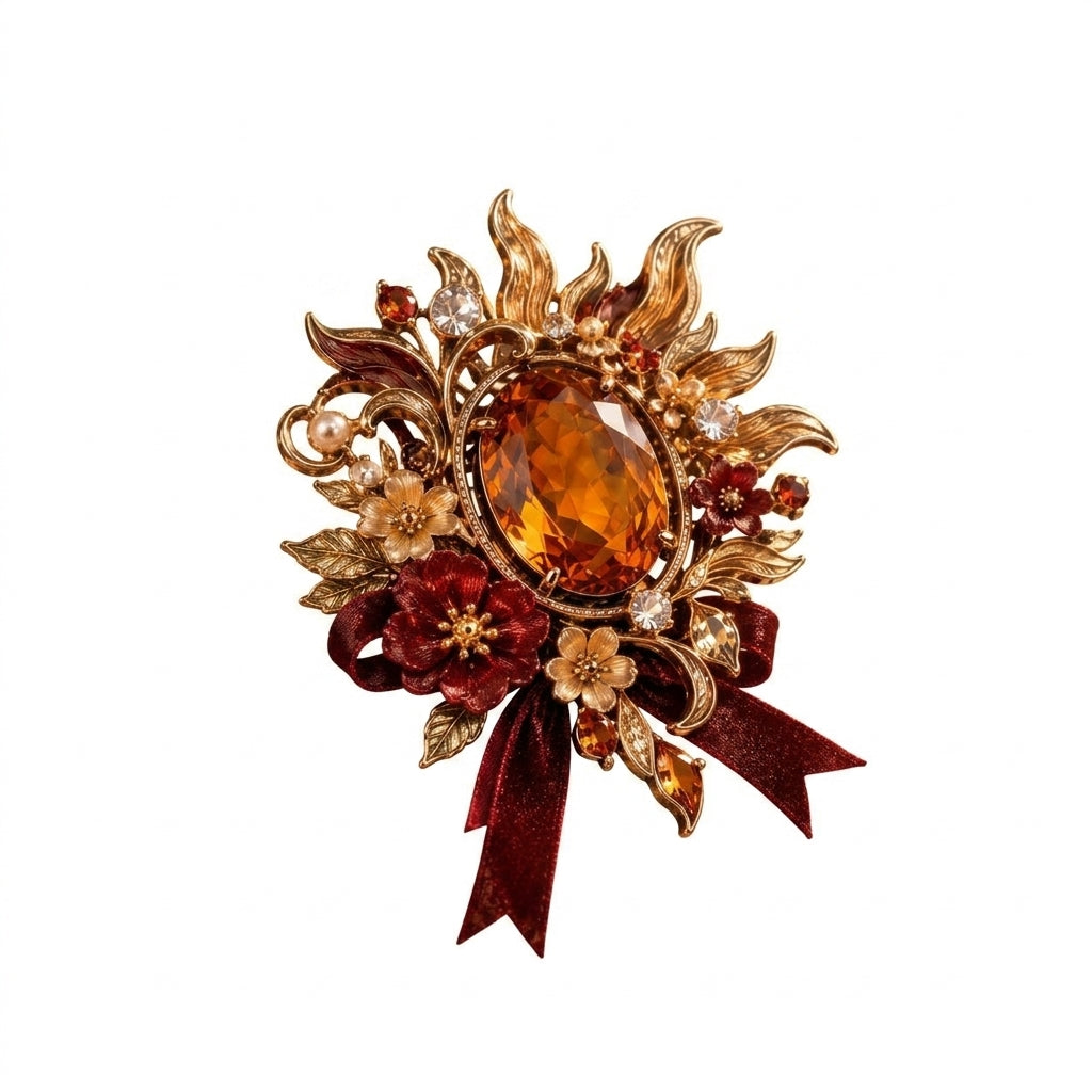 Vxrolnia™ Golden Sunstone Leo-Inspired Vintage Brooch — Amber Crystal Statement Pin, Burnished Gold Floral Lapel Accessory