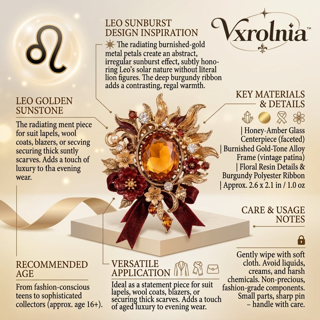 Vxrolnia™ Golden Sunstone Leo-Inspired Vintage Brooch — Amber Crystal Statement Pin, Burnished Gold Floral Lapel Accessory