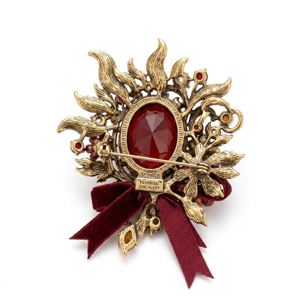 Vxrolnia™ Golden Sunstone Leo-Inspired Vintage Brooch — Amber Crystal Statement Pin, Burnished Gold Floral Lapel Accessory