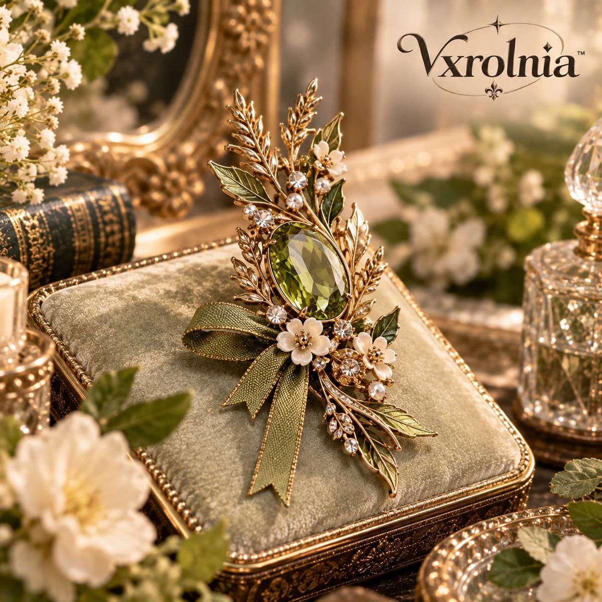 Vxrolnia™ Sage Peridot Virgo-Inspired Vintage Brooch — Olive Green Crystal Botanical Wheat Pin, Antique Gold Fashion Accessory