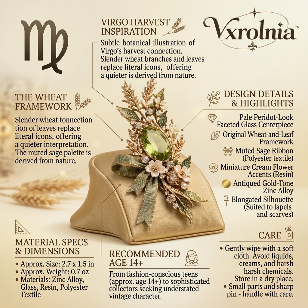 Vxrolnia™ Sage Peridot Virgo-Inspired Vintage Brooch — Olive Green Crystal Botanical Wheat Pin, Antique Gold Fashion Accessory