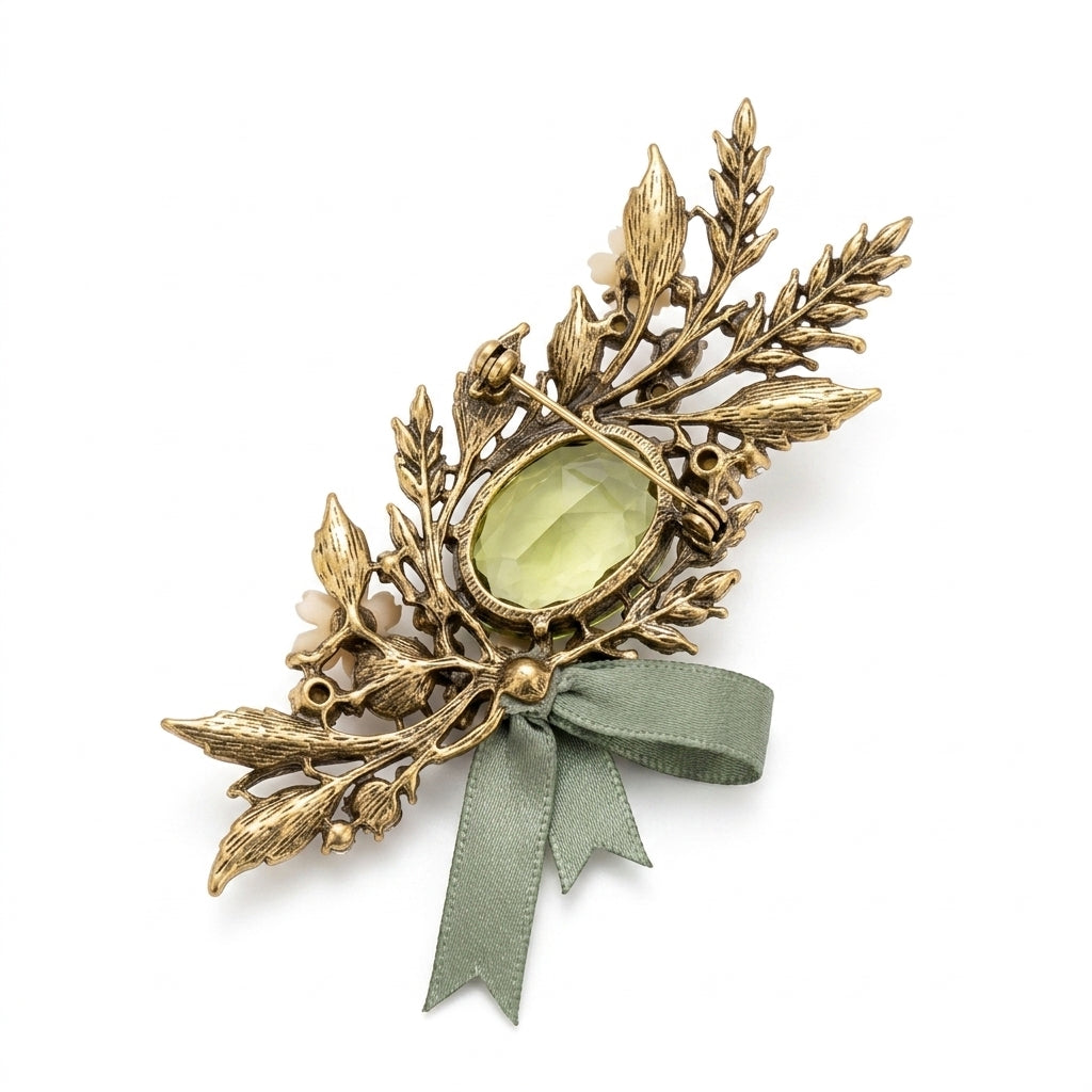 Vxrolnia™ Sage Peridot Virgo-Inspired Vintage Brooch — Olive Green Crystal Botanical Wheat Pin, Antique Gold Fashion Accessory
