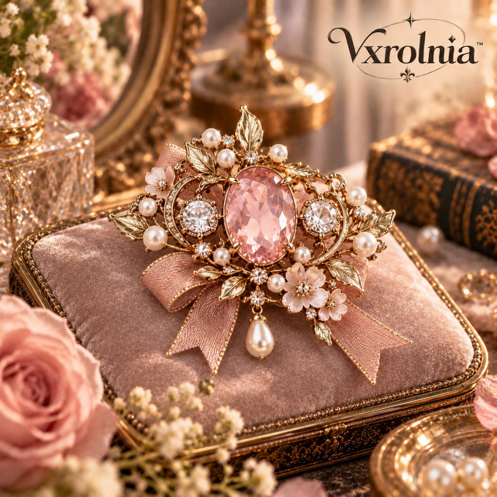 Vxrolnia™ Rose Quartz Balance Libra-Inspired Vintage Brooch — Blush Crystal Pearl-Look Floral Pin, Champagne Gold Accessory