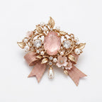 Vxrolnia™ Rose Quartz Balance Libra-Inspired Vintage Brooch — Blush Crystal Pearl-Look Floral Pin, Champagne Gold Accessory