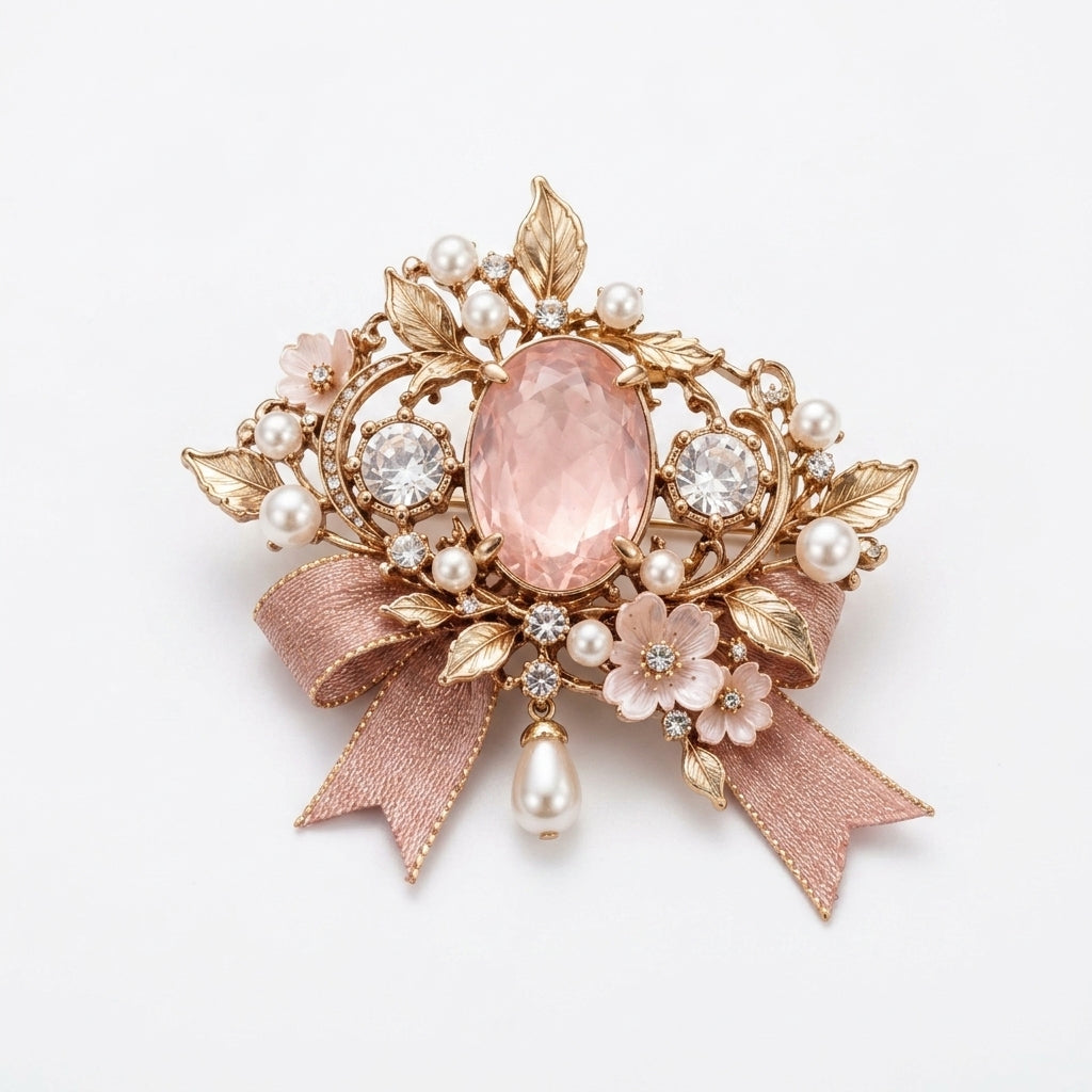 Vxrolnia™ Rose Quartz Balance Libra-Inspired Vintage Brooch — Blush Crystal Pearl-Look Floral Pin, Champagne Gold Accessory