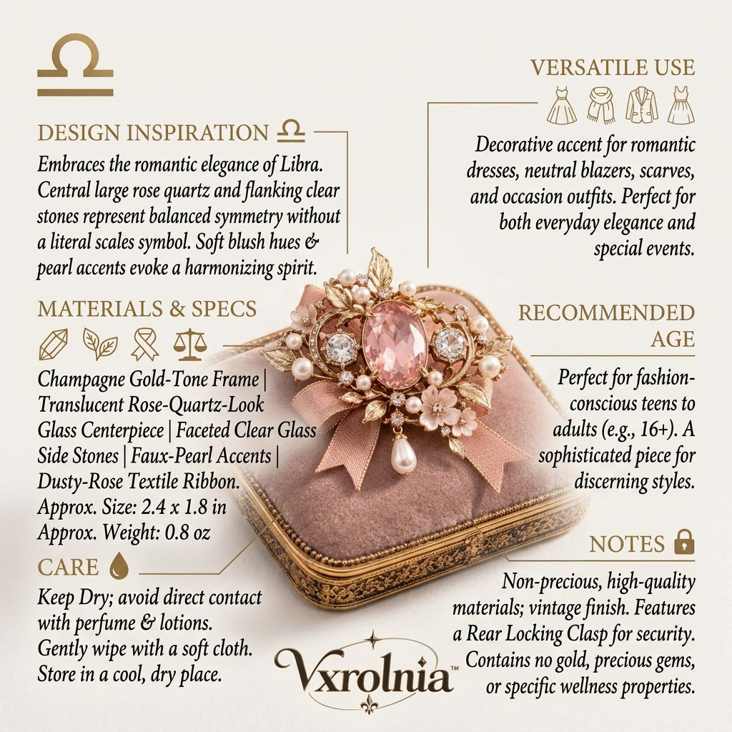 Vxrolnia™ Rose Quartz Balance Libra-Inspired Vintage Brooch — Blush Crystal Pearl-Look Floral Pin, Champagne Gold Accessory