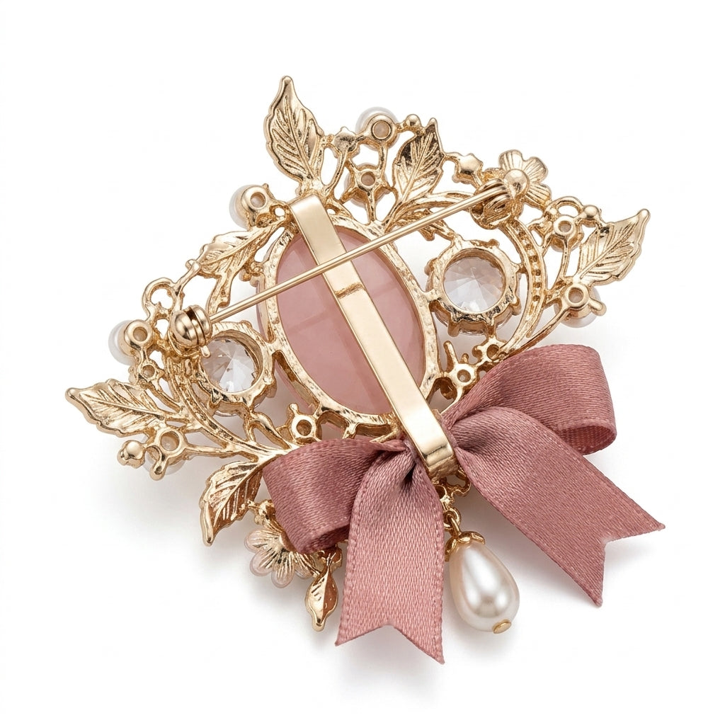 Vxrolnia™ Rose Quartz Balance Libra-Inspired Vintage Brooch — Blush Crystal Pearl-Look Floral Pin, Champagne Gold Accessory