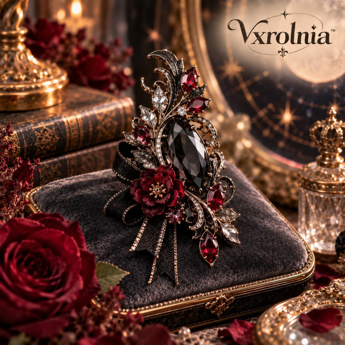 Vxrolnia™ Midnight Obsidian Scorpio-Inspired Vintage Brooch — Black Glass Crystal, Garnet Accent & Dark Floral Statement Pin