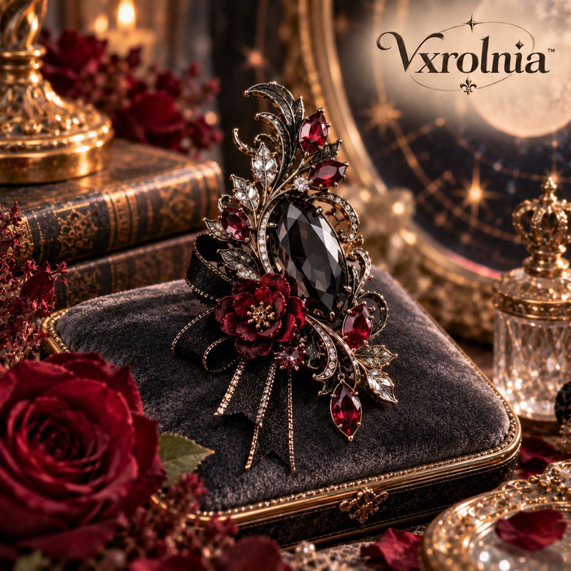 Vxrolnia™ Midnight Obsidian Scorpio-Inspired Vintage Brooch — Black Glass Crystal, Garnet Accent & Dark Floral Statement Pin