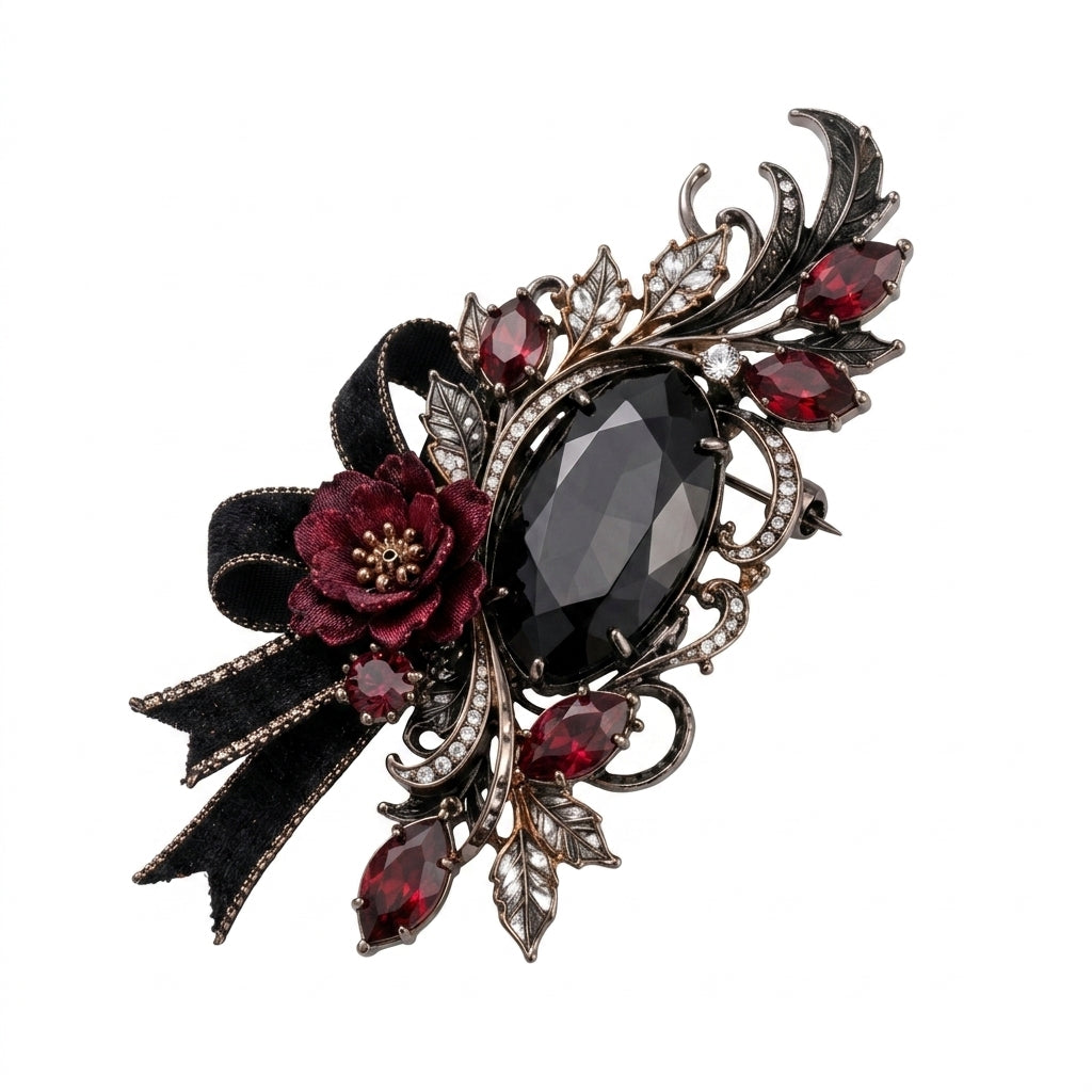 Vxrolnia™ Midnight Obsidian Scorpio-Inspired Vintage Brooch — Black Glass Crystal, Garnet Accent & Dark Floral Statement Pin