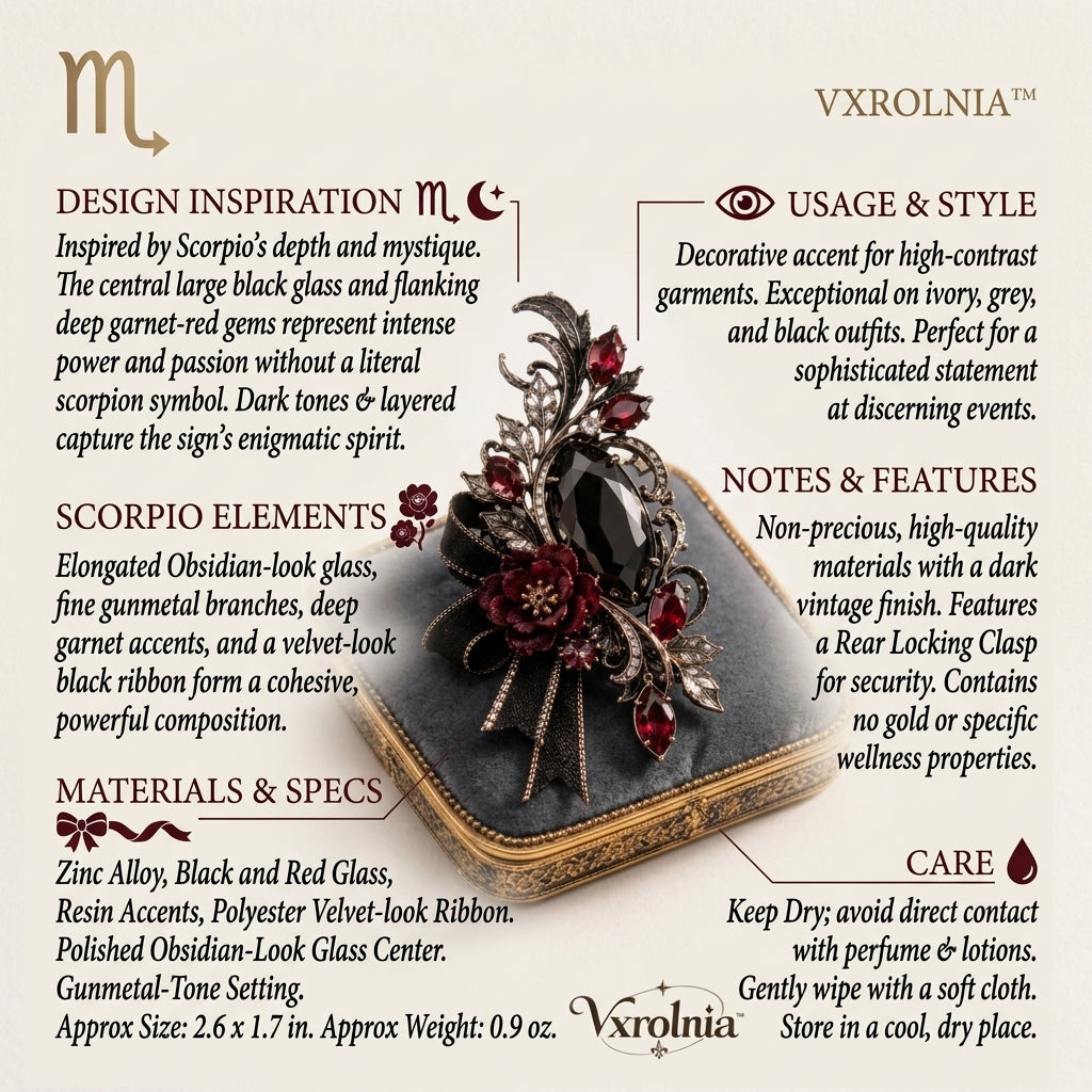 Vxrolnia™ Midnight Obsidian Scorpio-Inspired Vintage Brooch — Black Glass Crystal, Garnet Accent & Dark Floral Statement Pin