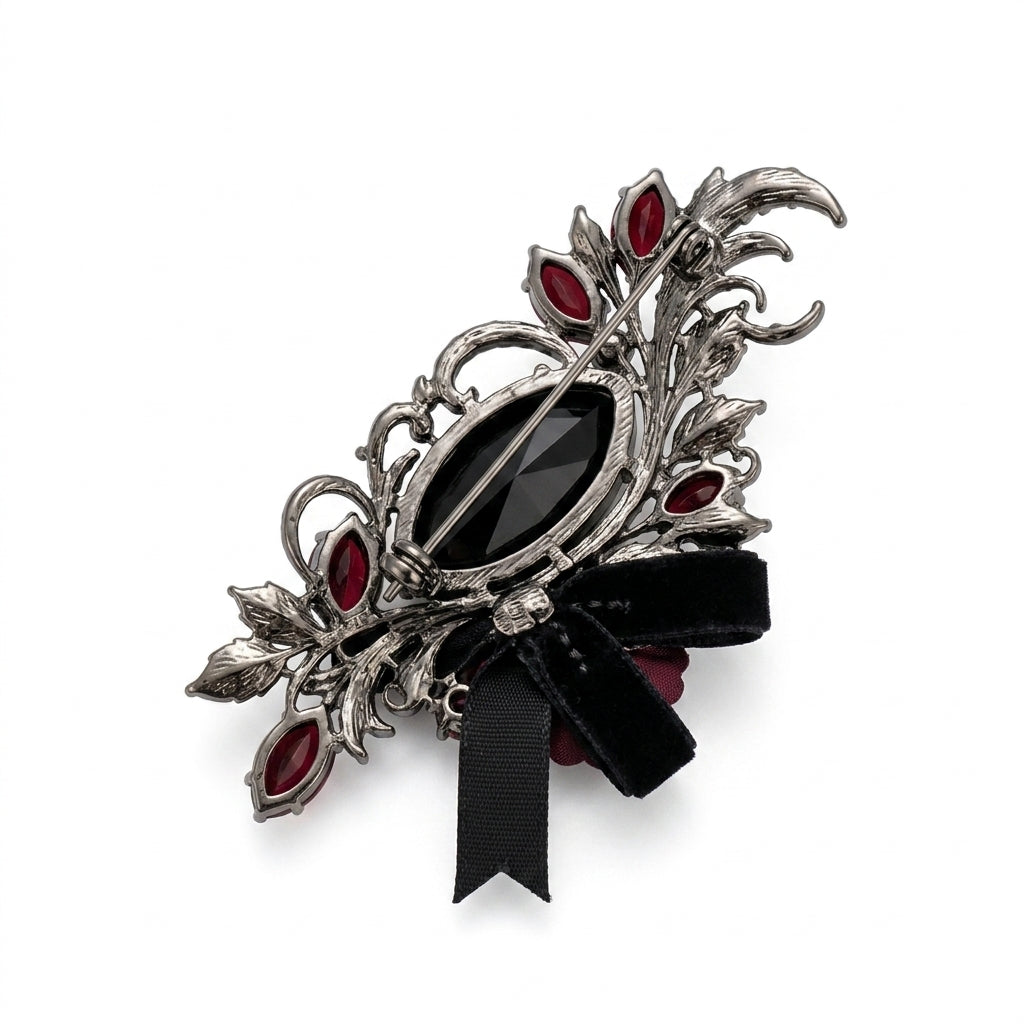 Vxrolnia™ Midnight Obsidian Scorpio-Inspired Vintage Brooch — Black Glass Crystal, Garnet Accent & Dark Floral Statement Pin