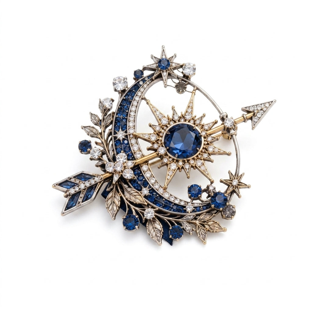 Vxrolnia™ Azure Arrow Sagittarius-Inspired Vintage Brooch — Sapphire Blue Crystal Starburst Pin, Antique Silver Celestial Accessory