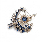 Vxrolnia™ Azure Arrow Sagittarius-Inspired Vintage Brooch — Sapphire Blue Crystal Starburst Pin, Antique Silver Celestial Accessory